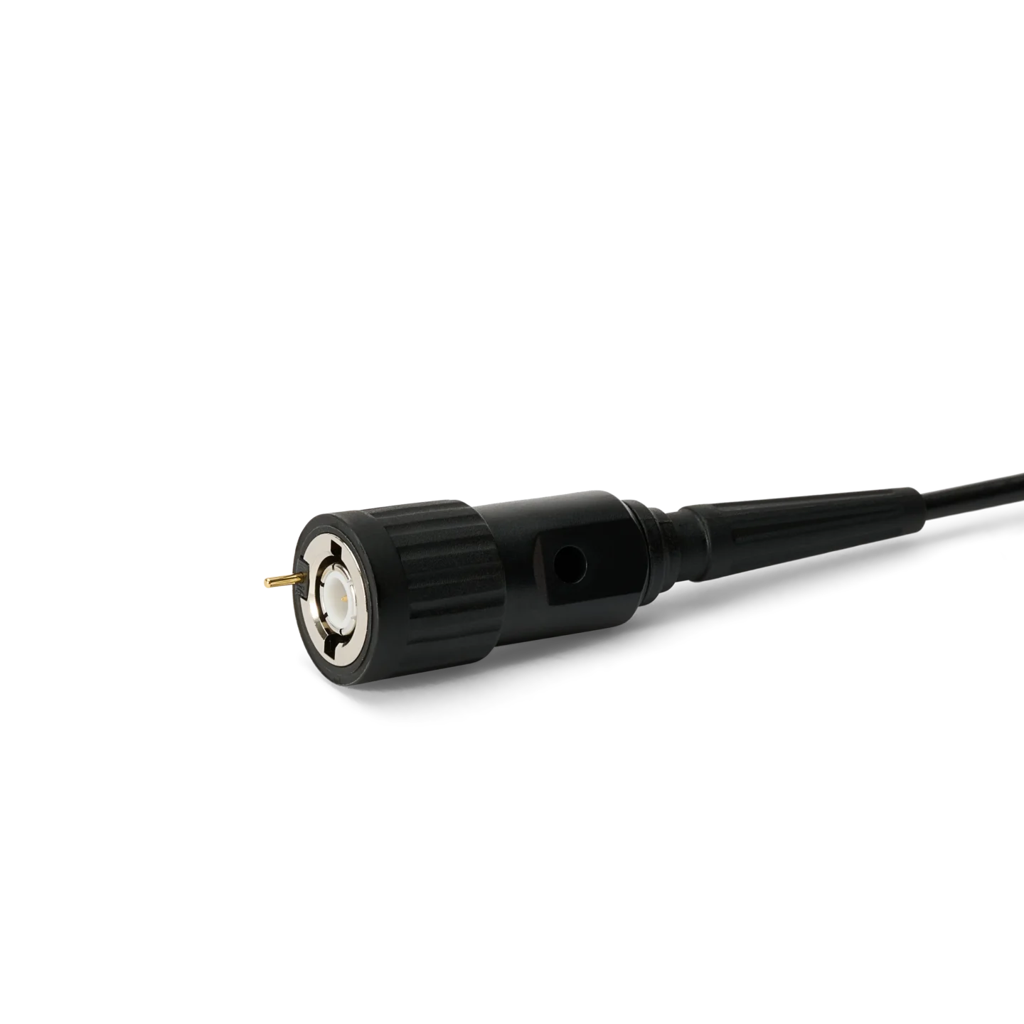BNC connector of SQ350 350MHz oscilloscope probe showing the x10 identifier pin (PCBITE-6023)