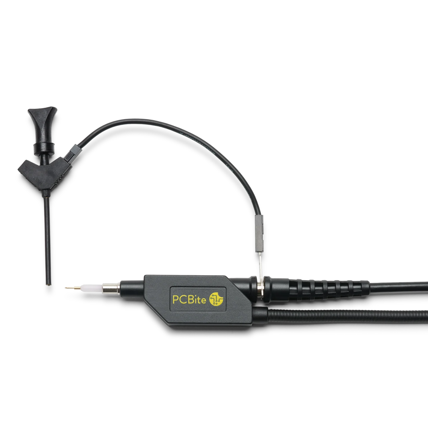 SQ500 500MHz Probe in holder with airplane test hook connected to 5mm ground via dupont cable (PCBITE-6024)