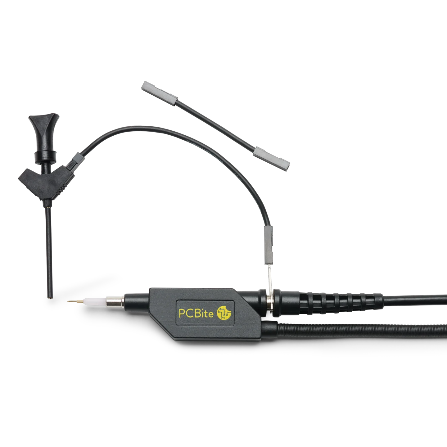 SQ500 500MHz Probe in holder with airplane test hook connected to 5mm ground using dupont cable (PCBITE-6024)