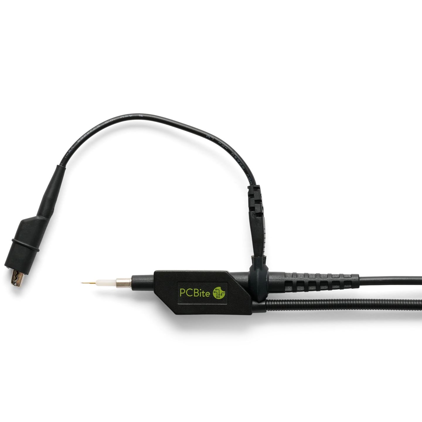 SQ500 500MHz Probe in holder with insulated alligator clip together with insulator connected to 5mm ground interface (PCBITE-6024)