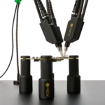 Complete PCB under test with PCBite holders and four handsfree SQ350 350 MHz oscilloscope probes testing signals (PCBITE-6025)