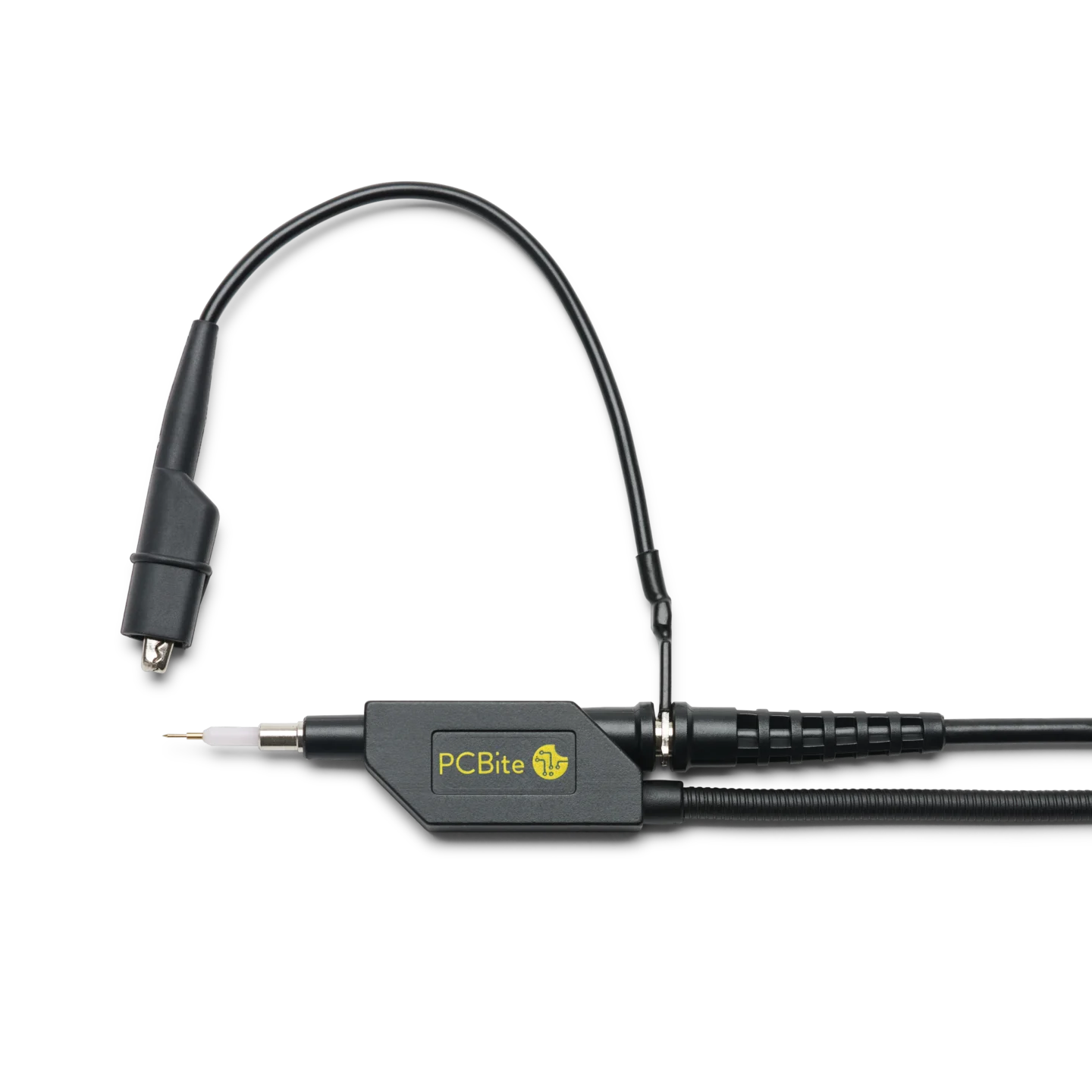 SQ350 350 MHz Oscilloscope probe mounted in probe holder with insulated alligator clip connected to 5mm ground interface (PCBITE-6025)