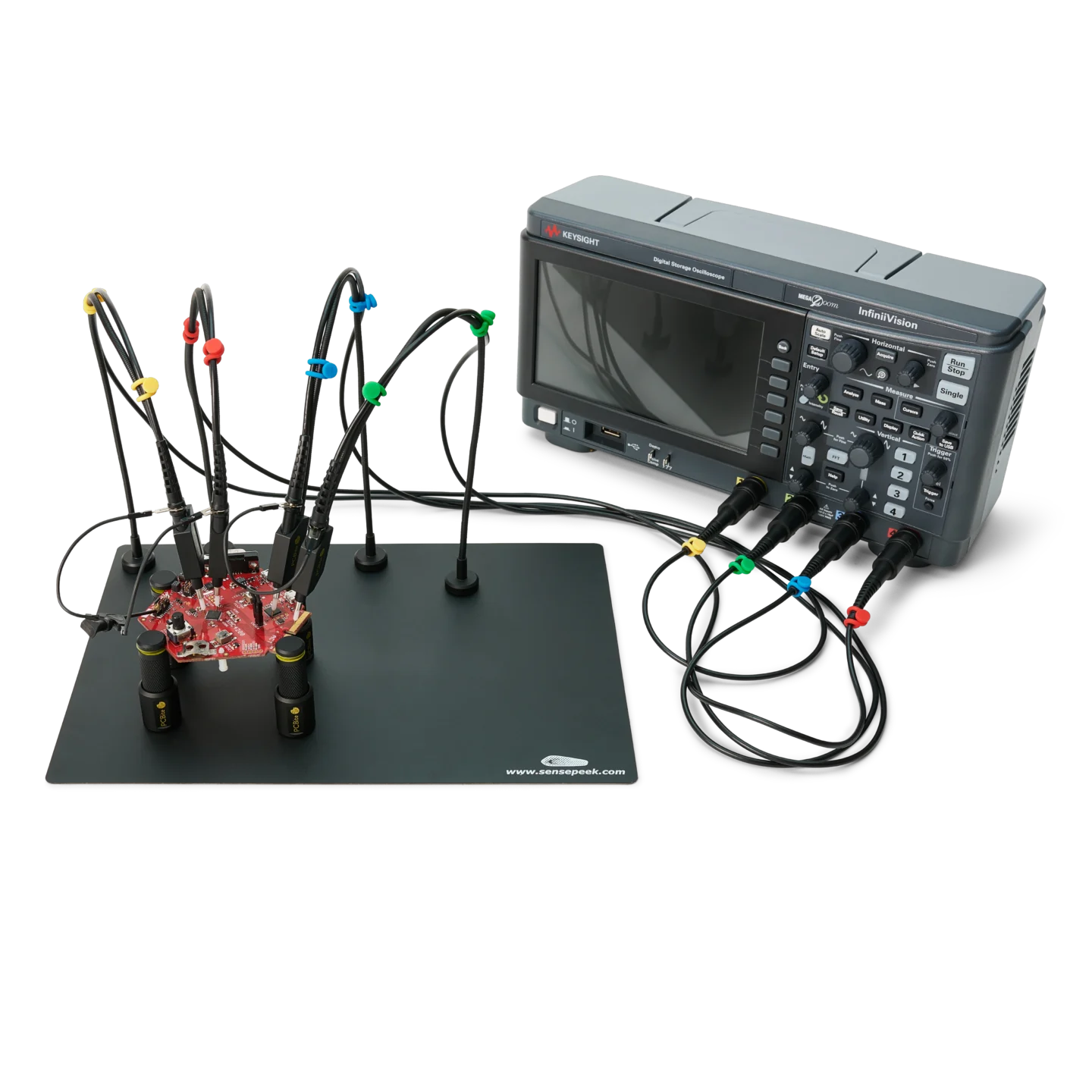 Complete setup with 4x handsfree SQ500 500 MHz oscilloscope probes and 4x PCB holders (PCBITE-6026)