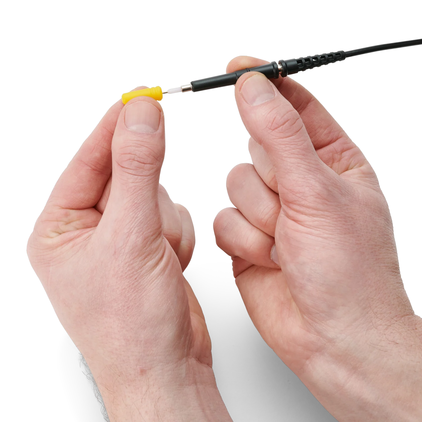 Hand showing how to mount or dismount the probe protection from the SQ500 500 MHz oscilloscope probe (PCBITE-6026)