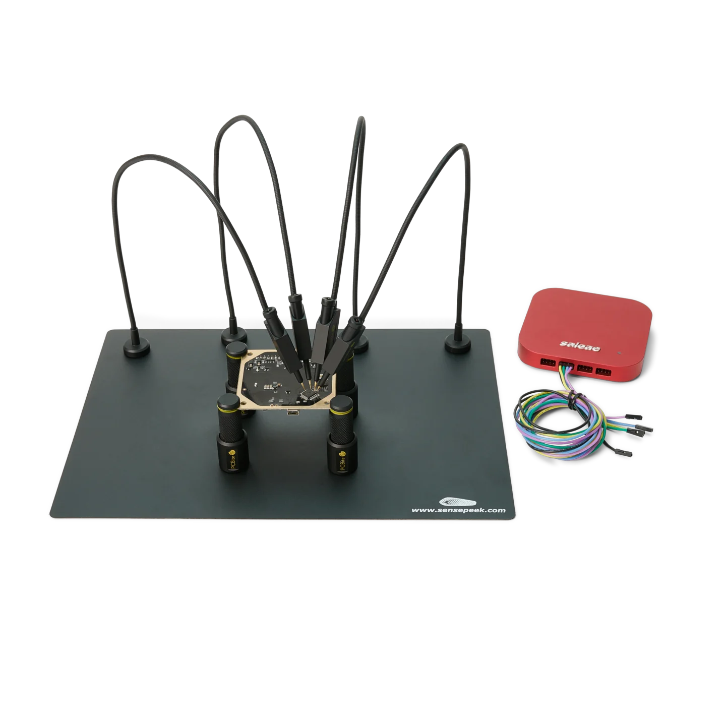 Complete debug test setup with Saleae logic analyzer and handsfree SQ10 probes (PCBITE-6027)