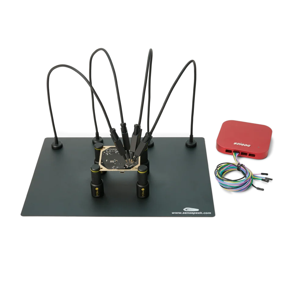 Complete debug test setup with Saleae logic analyzer and handsfree SQ10 probes (PCBITE-6027)