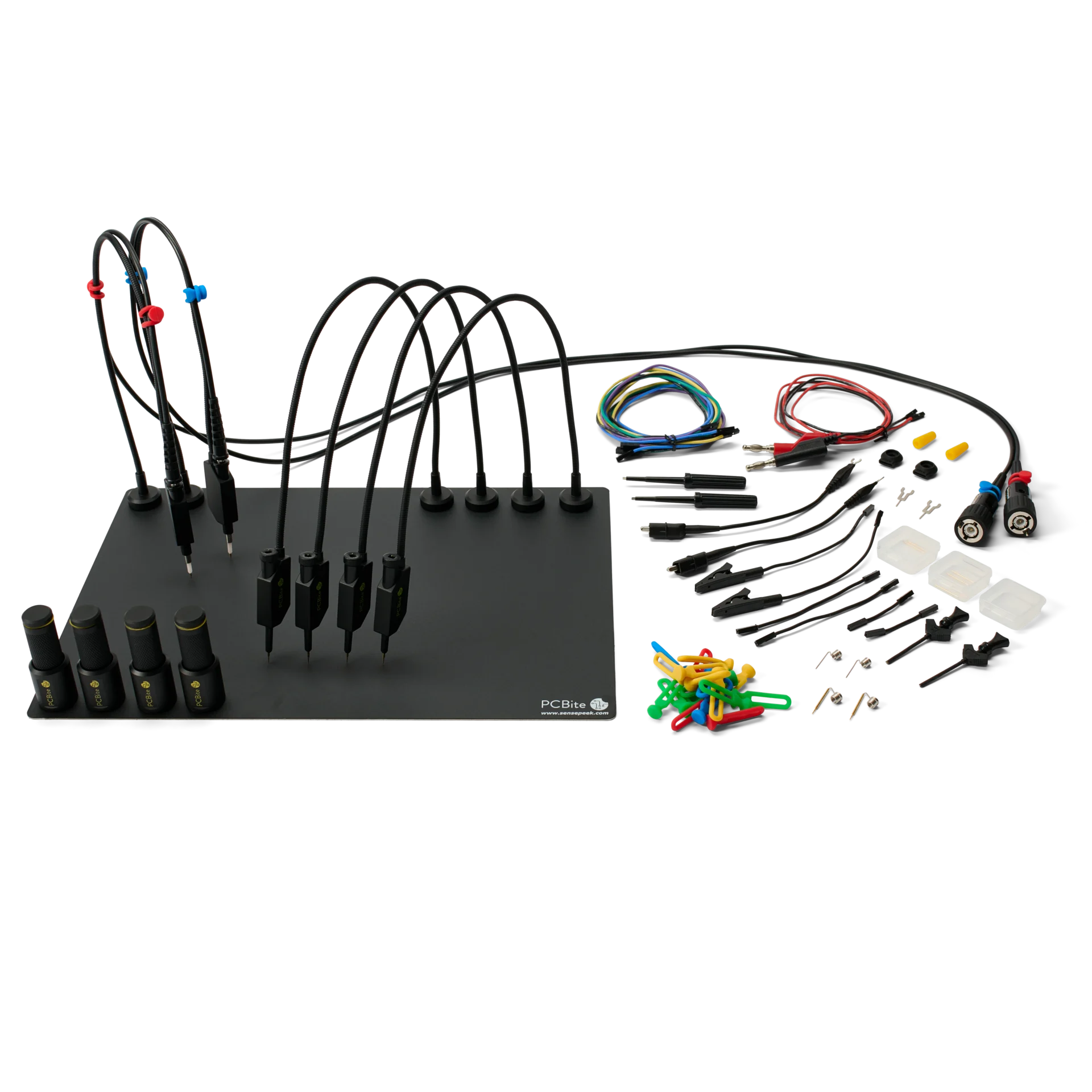 Complete hands-free probing system with 2x oscilloscope probes, 4x SQ10 probes and magnetic PCB holders (PCBITE-6029)