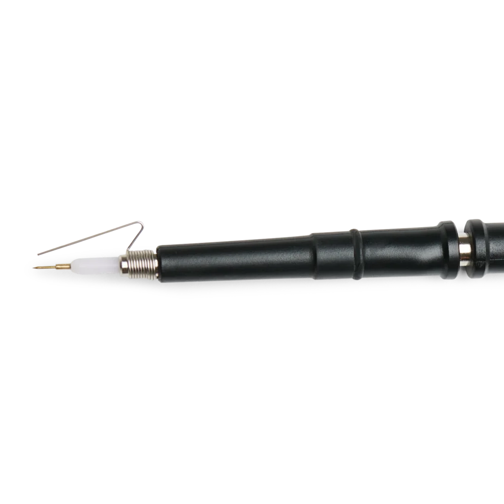 Closeup of oscilloscope probe front showing a mounted ground spring for handheld oscilloscope probe measurements (PCBITE-7001)