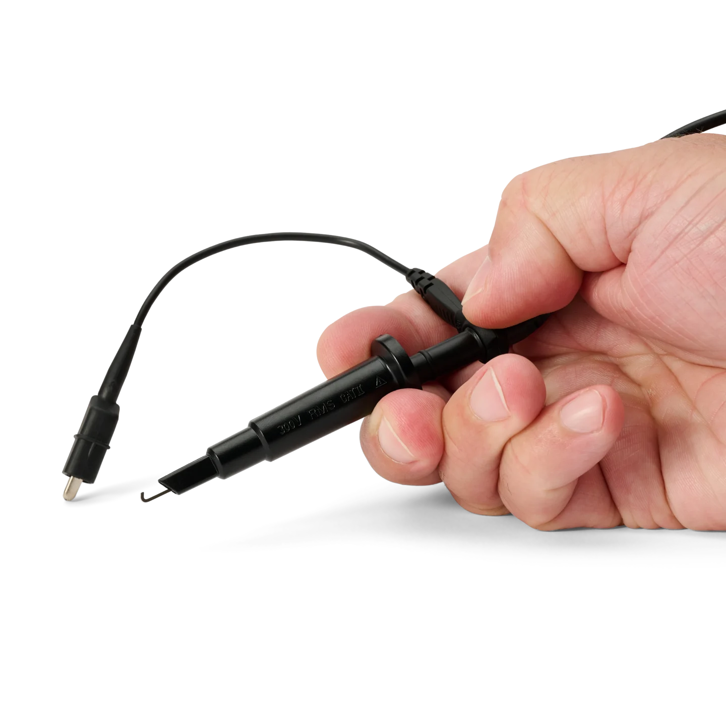 Hand opening the sprung hook mounted on probe with ground connection for safe probing (PCBITE-7005)
