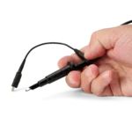 Hand opening the sprung hook mounted on probe with ground connection for safe probing (PCBITE-7005)