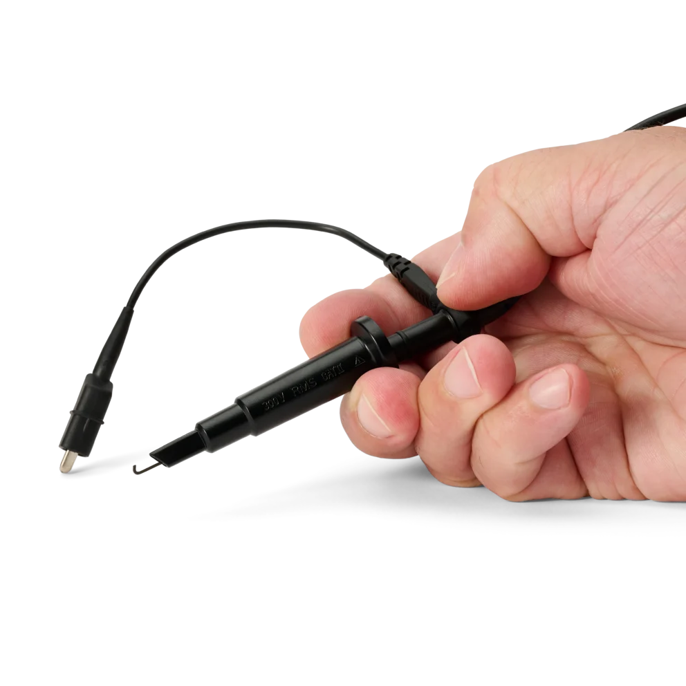 Hand opening the sprung hook mounted on probe with ground connection for safe probing (PCBITE-7005)