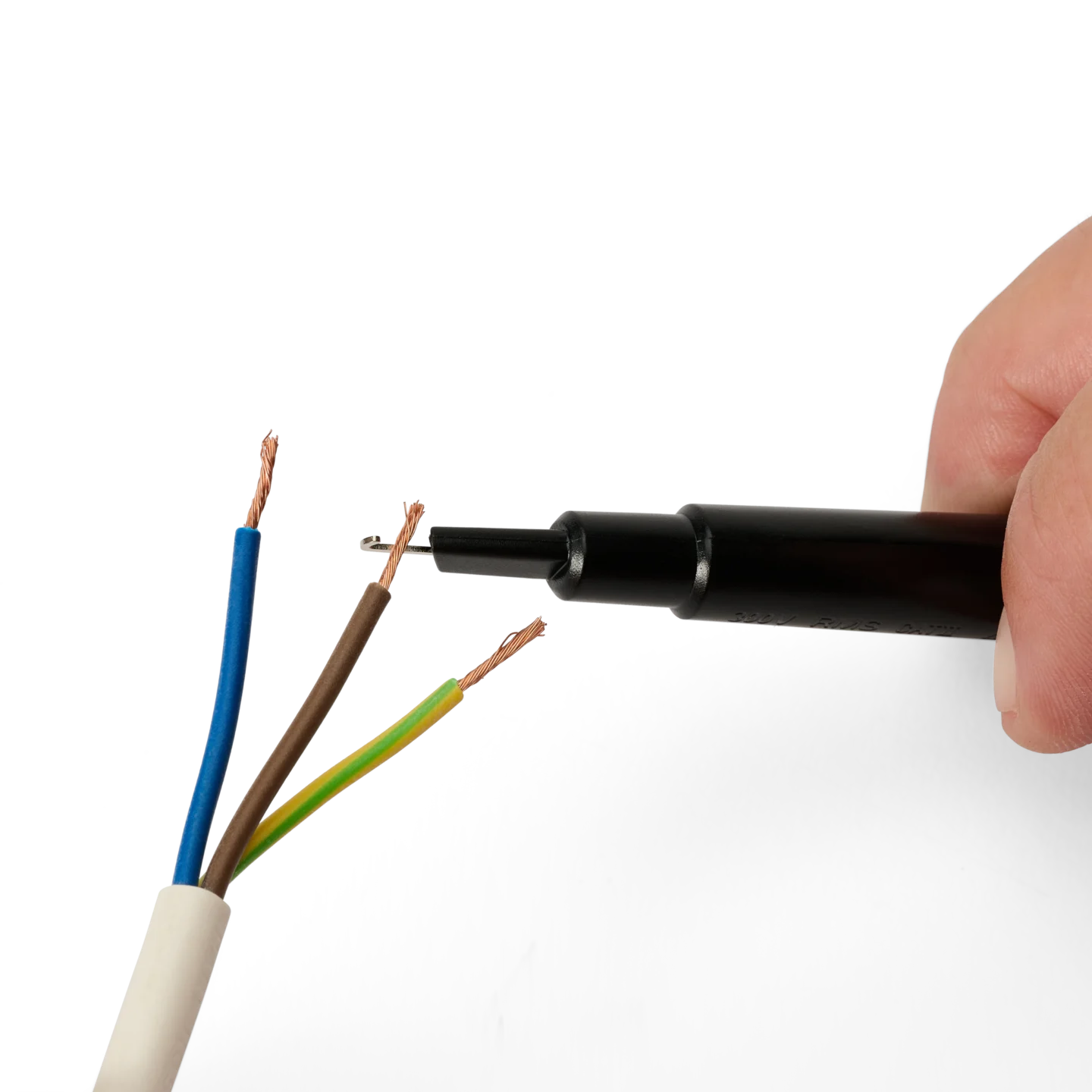 Hand showing how to connect sprung hook to wire end (PCBITE-7005)