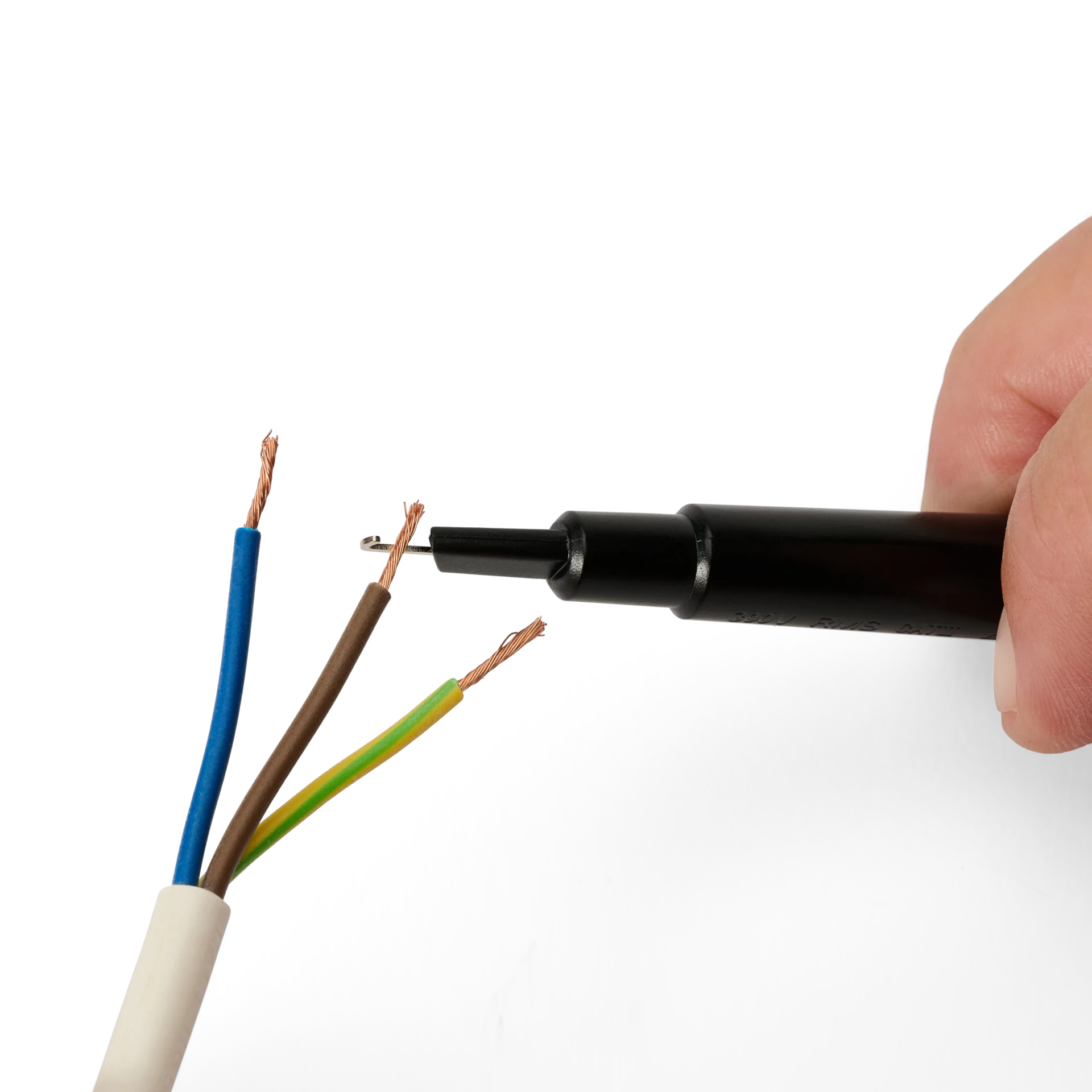 Hand showing how to connect sprung hook to wire end (PCBITE-7005)
