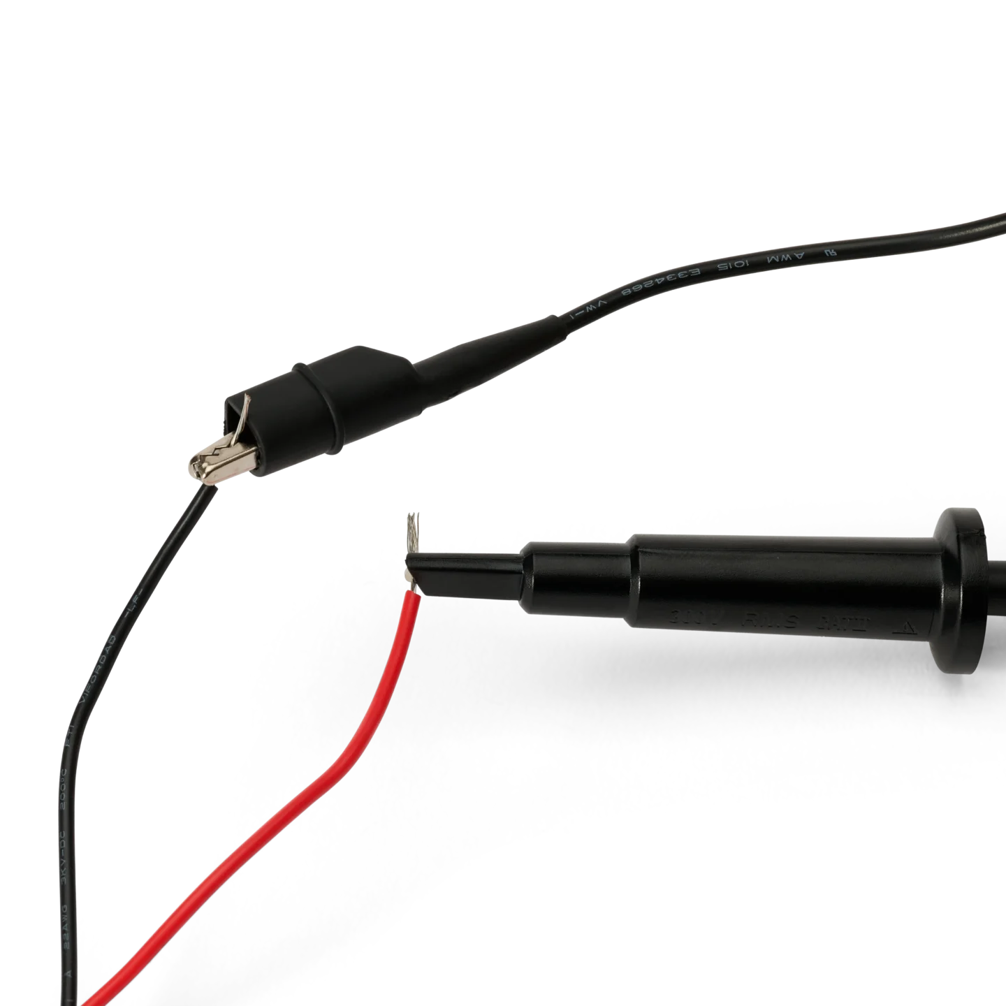 Sprung hook and ground lead with alligator clip connected to black and read wire ends (PCBITE-7005)