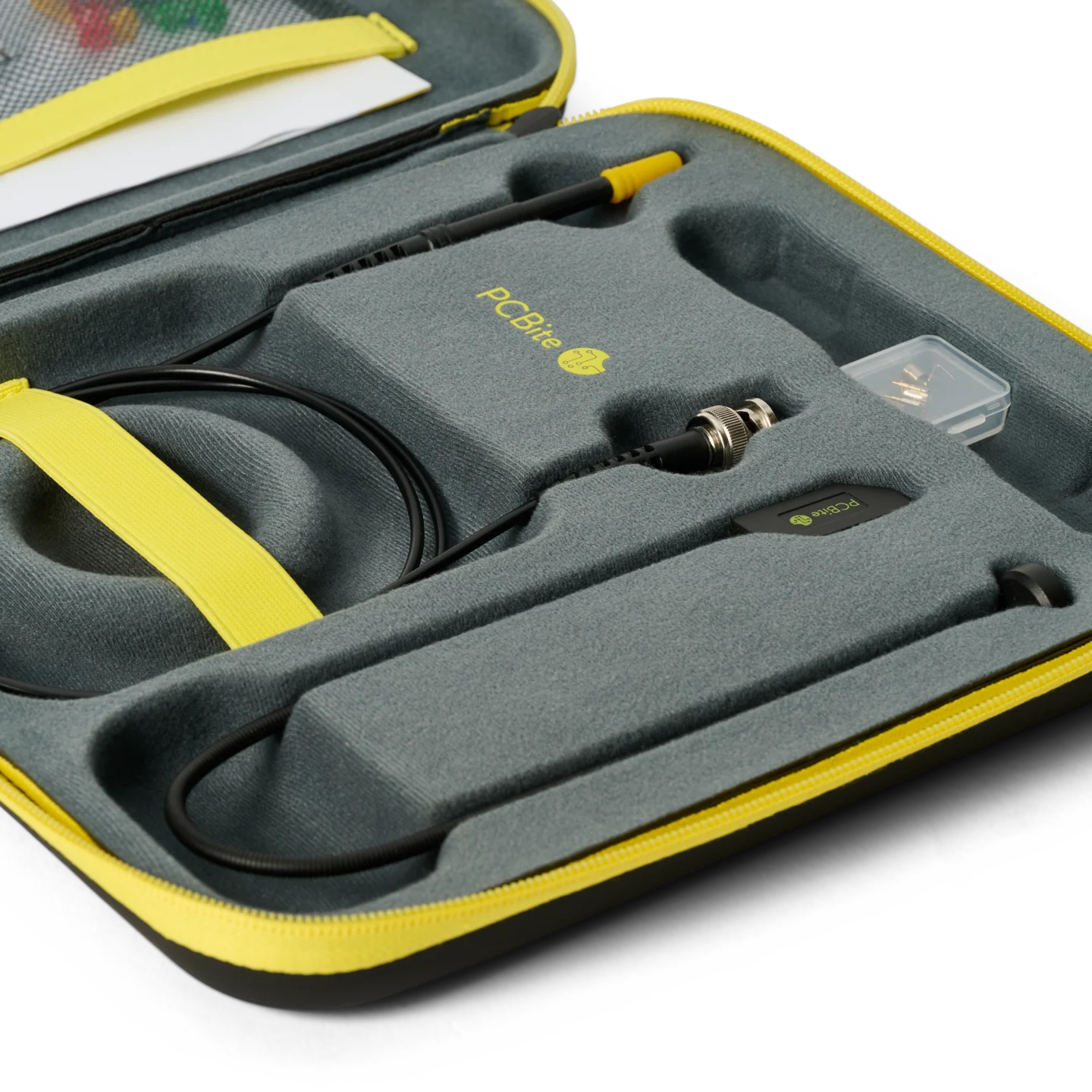 The inside of the protective EVA case showing the SQG15 1.5 GHz probe and accessories (PCBITE-7008)