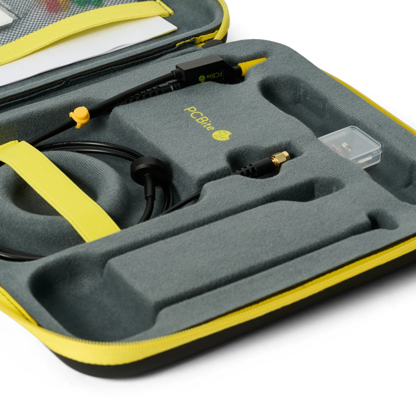 Inside of the protective EVA case with the SQG30 3.0 GHz probe mounted in the probe holder (PCBITE-7010)