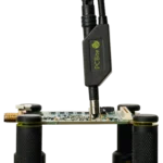 Handsfree SQG60 6.0 GHz probe measuring high-speed signal on PCB with stable spring-loaded contact (PCBITE-7012)