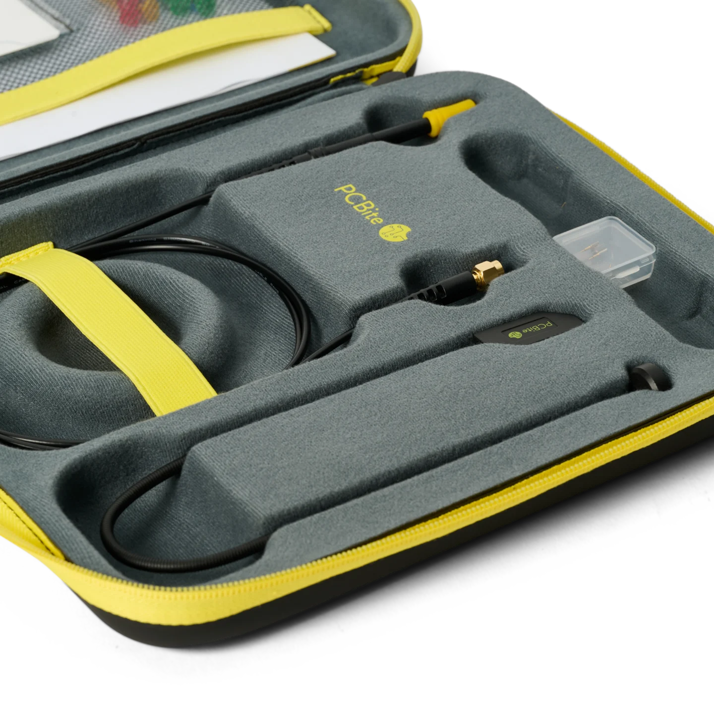 The inside of the protective EVA case showing the SQG60 6.0 GHz probe and accessories (PCBITE-7013)