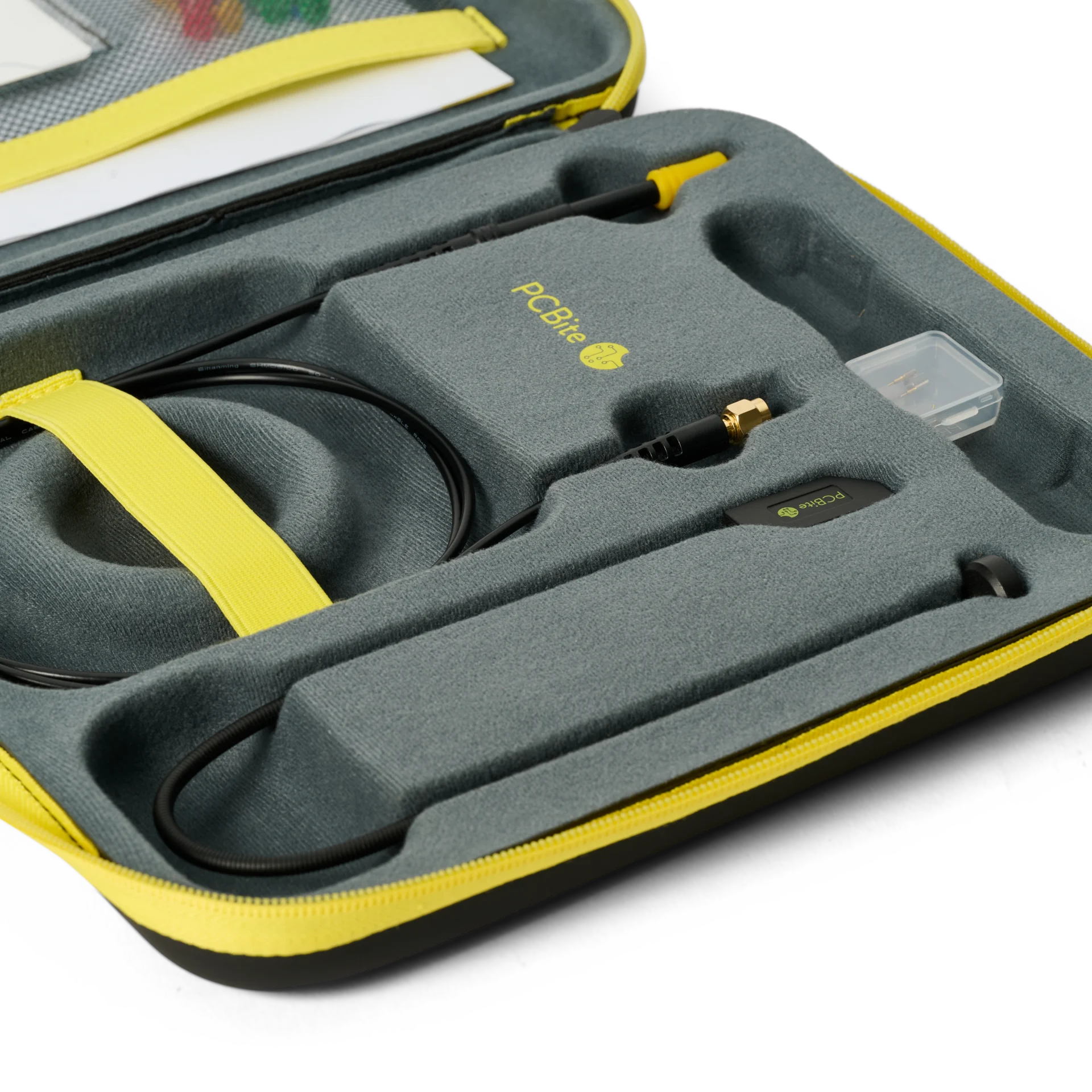 The inside of the protective EVA case showing the SQG60 6.0 GHz probe and accessories (PCBITE-7013)