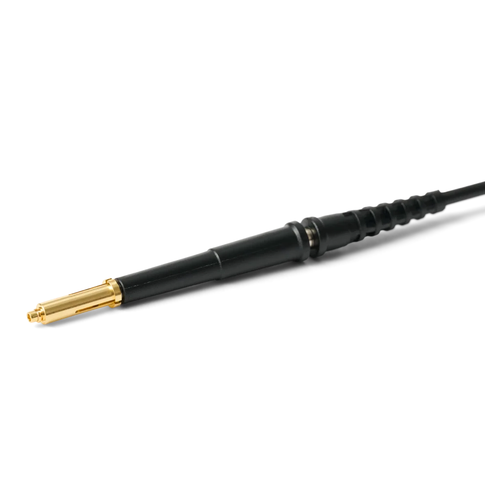MMCX probe adapter mounted on oscilloscope probe to connect directly to an MMCX connector (PCBITE-7020)