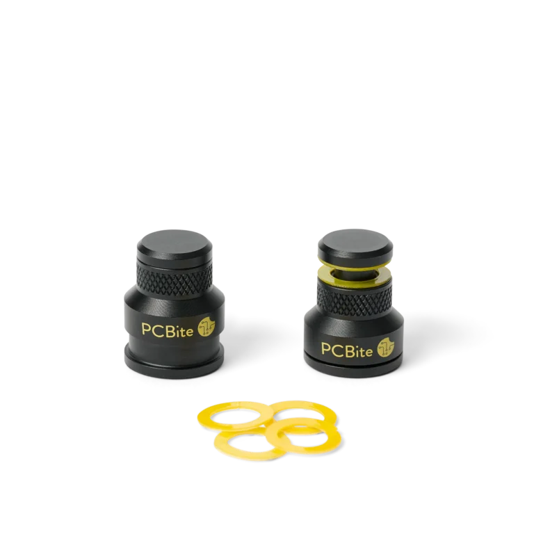 Two low profile PCB holders, magnetic spring-loaded with insulation washers for secure circuit board holding (PCBITE-7023)