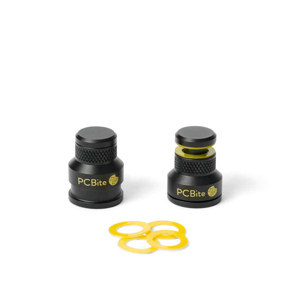 Two low profile PCB holders, magnetic spring-loaded with insulation washers for secure circuit board holding (PCBITE-7023)