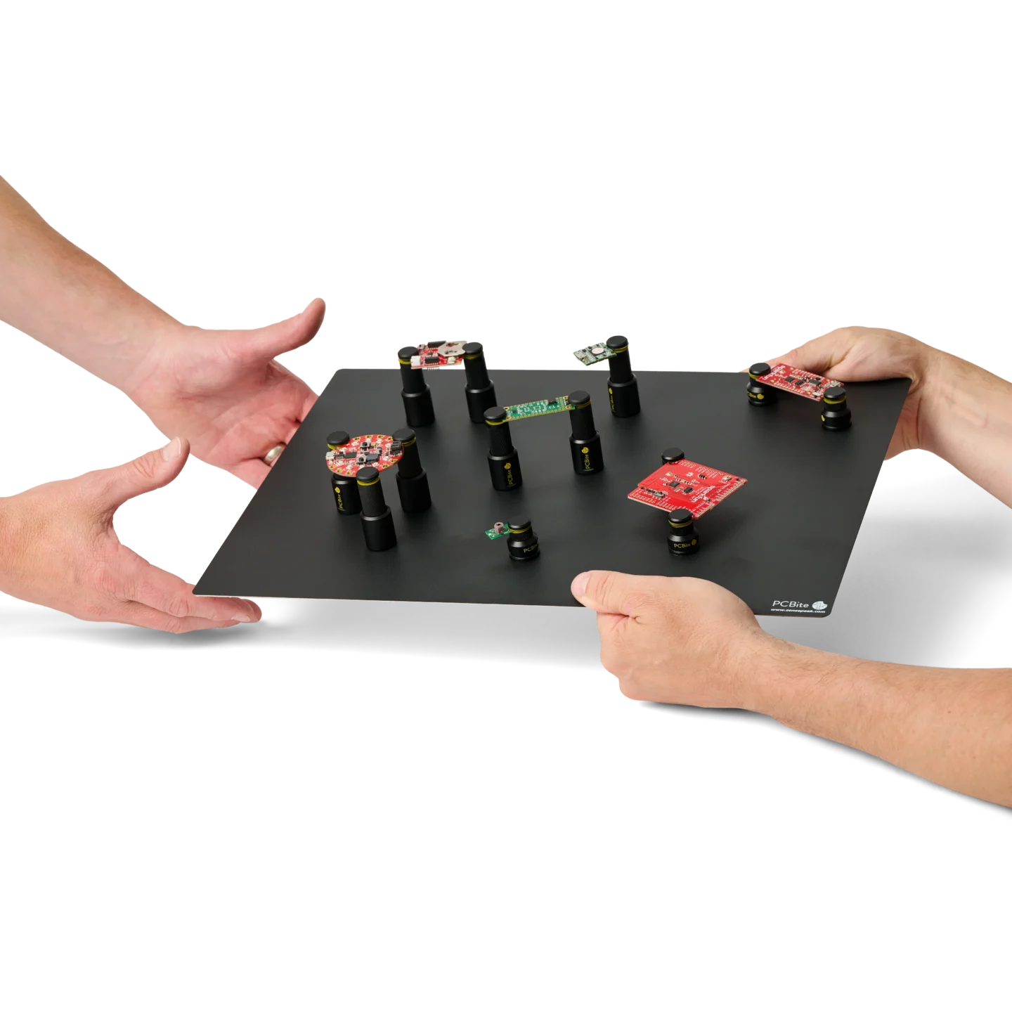 Thirteen mixed low profile and standard height PCB holders securing various boards on XL baseplate (PCBITE-7023)