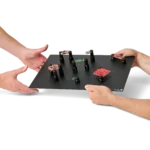 Thirteen mixed low profile and standard height PCB holders securing various boards on XL baseplate (PCBITE-7023)