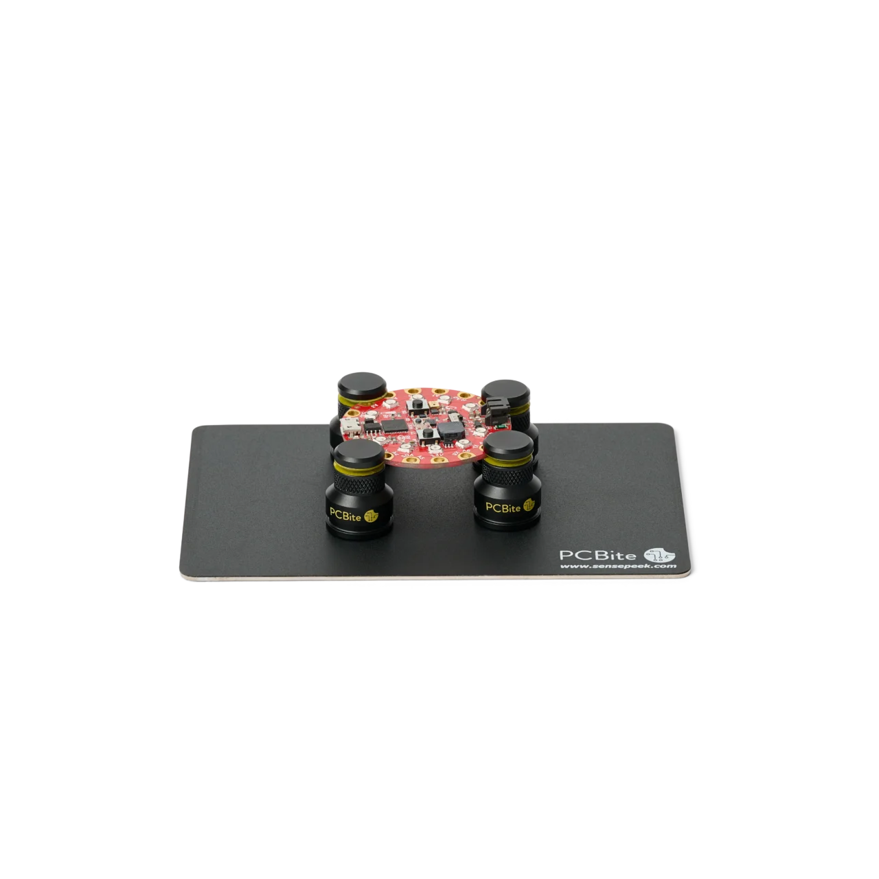 Four low profile PCB holders on extra small insulated baseplate holding a PCB (PCBITE-7024)