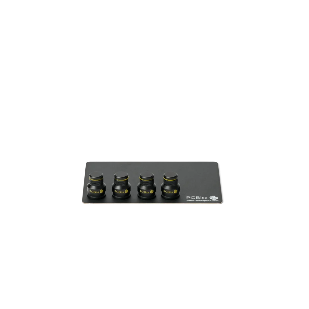Four low-profile PCB holders with compact insulated baseplate for space-limited testing (PCBITE-7024)