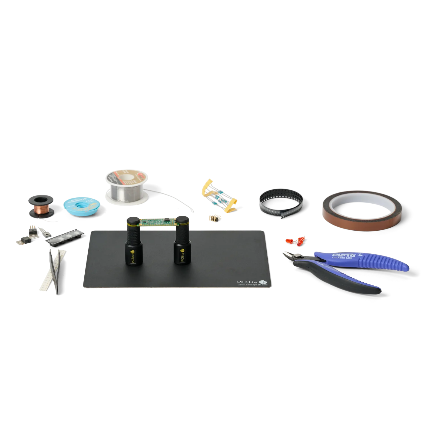Complete soldering setup with PCB held by two PCB holders on small insulated baseplate (PCBITE-7025)