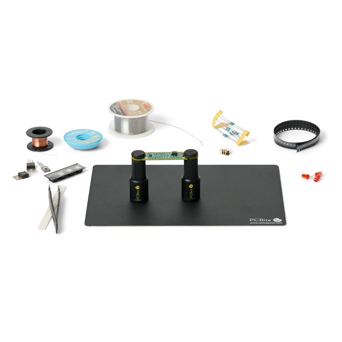 Soldering setup with two PCB holders on small insulated baseplate holding PCB for rework (PCBITE-7025)