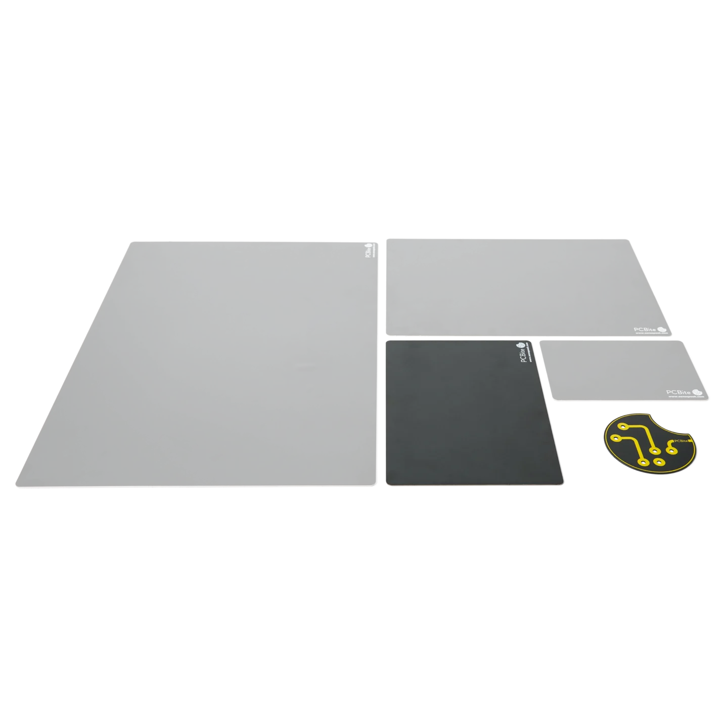 Size comparison of the small A5 insulated baseplate compared with other sizes side by side (PCBITE-7025)