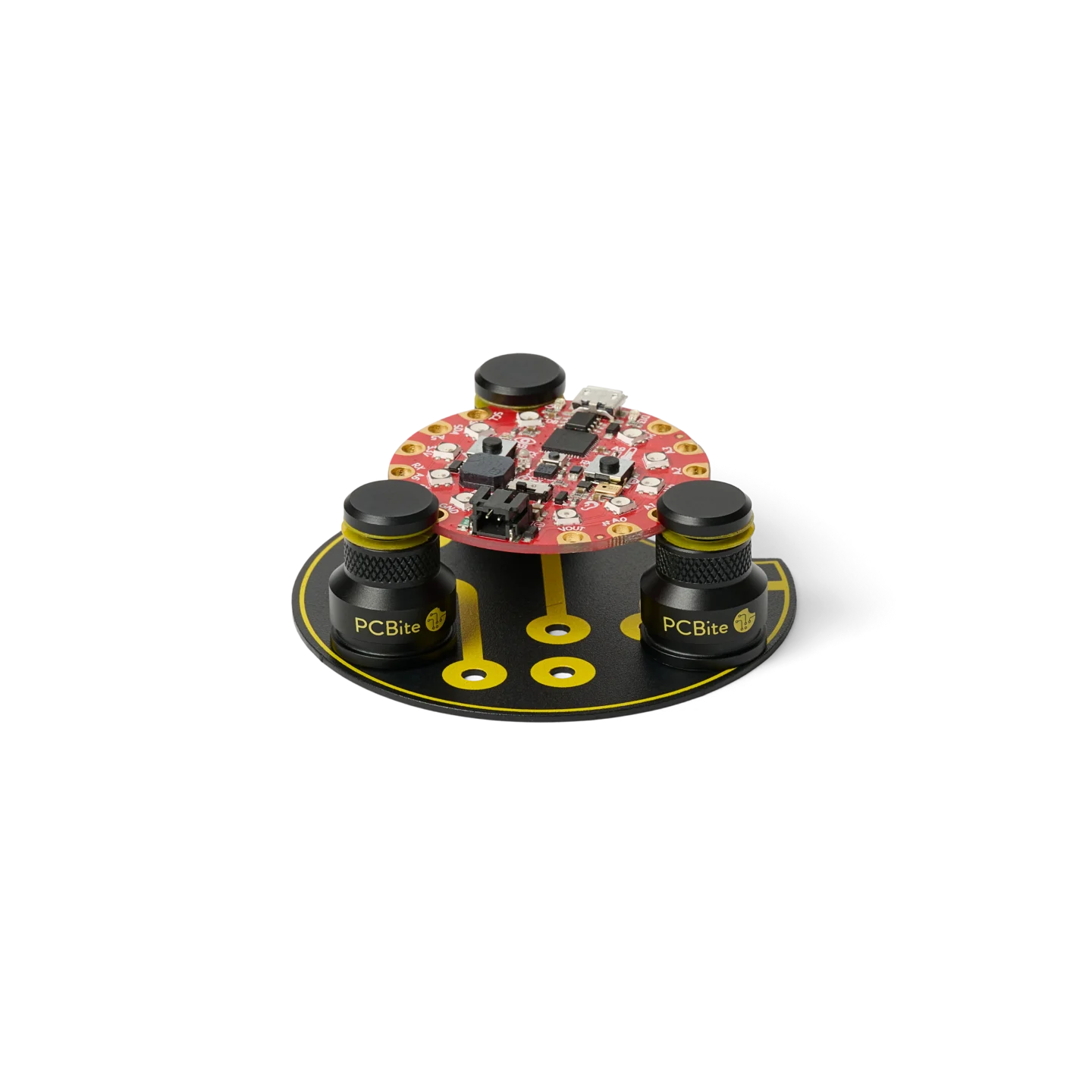 Single multipurpose baseplate used with three low profile holders to hold a small PCB (PCBITE-7027)