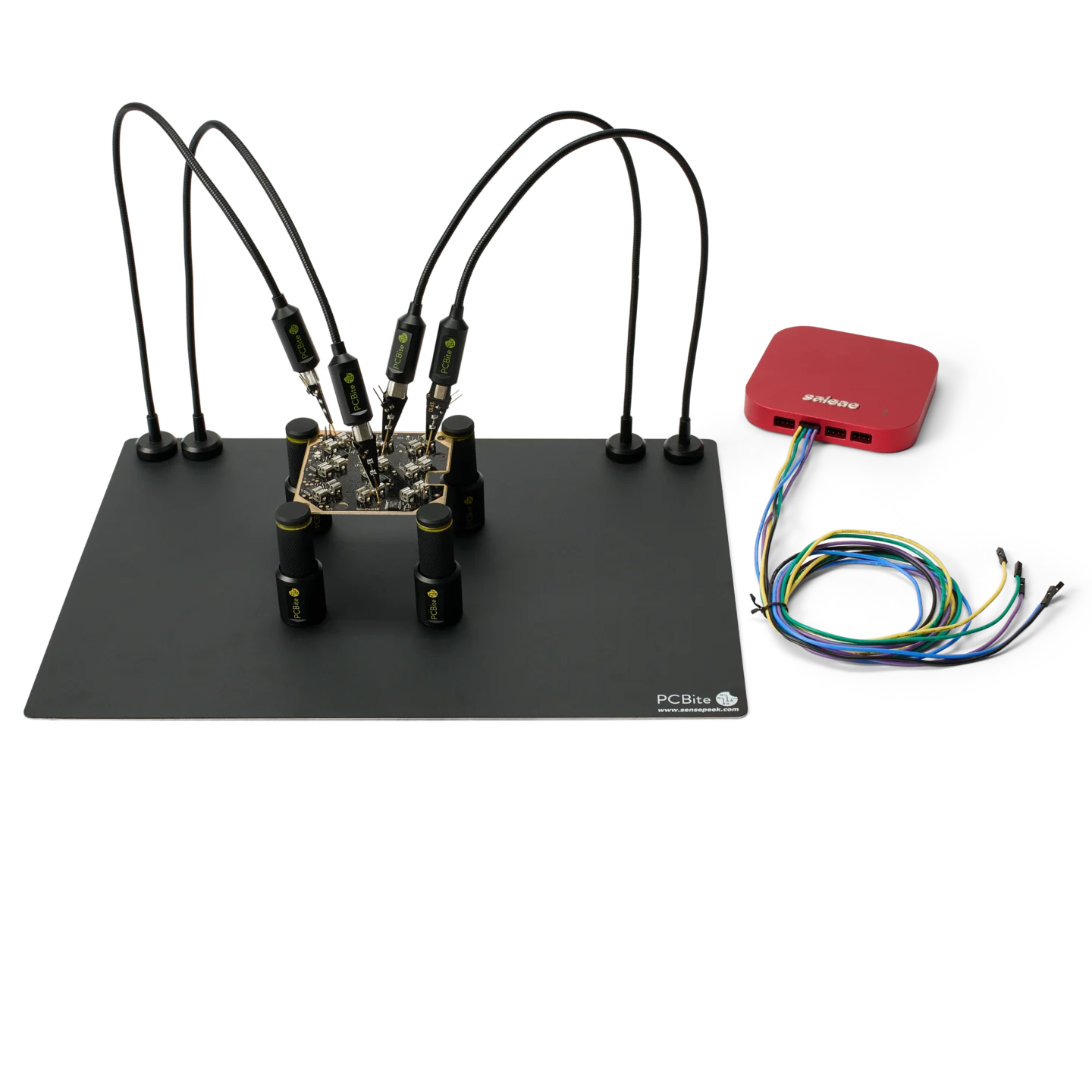 Complete debug test setup with Saleae logic analyzer and handsfree SP10 probes (PCBITE-7028)