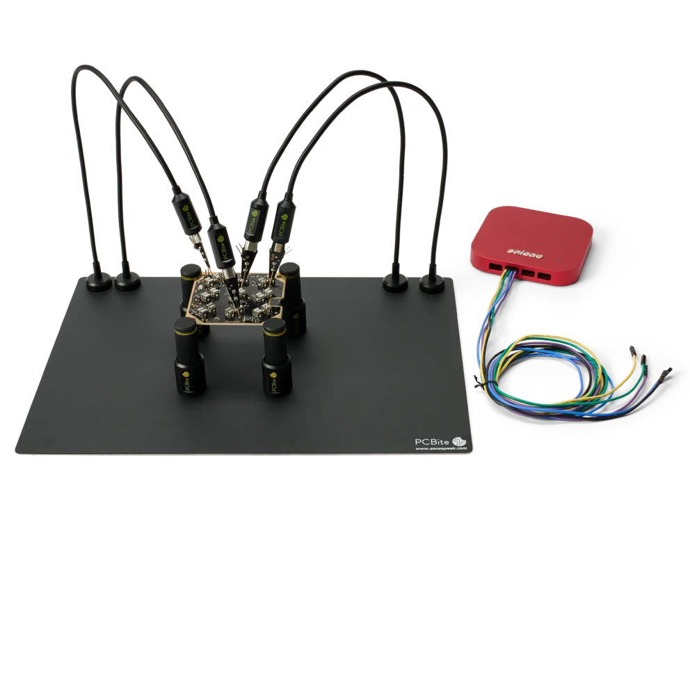 Complete debug test setup with Saleae logic analyzer and handsfree SP10 probes (PCBITE-7028)