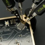 Closeup of four IC signals tested simultaneously completely handsfree using SP10 probes (PCBITE-7028)