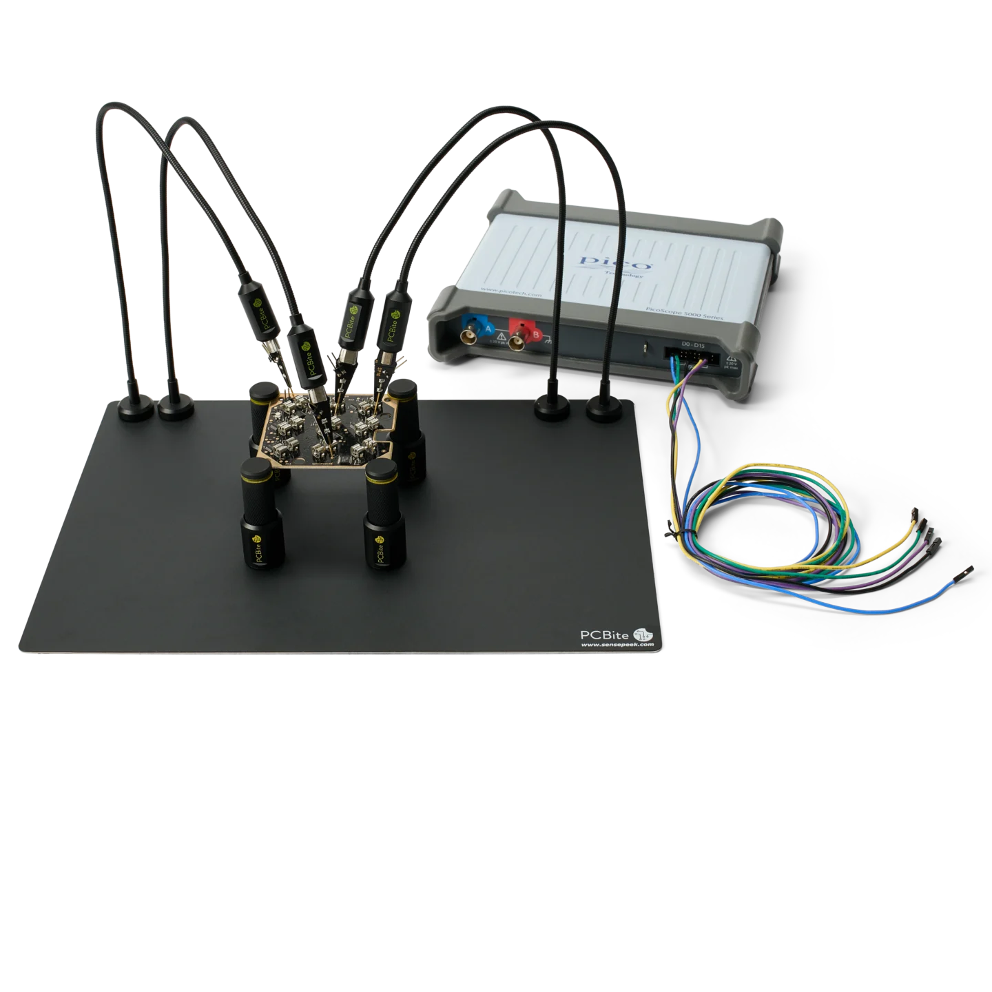 Complete handsfree test setup with SP10 probes and any mixed signal oscilloscope ready for debugging (PCBITE-7028)
