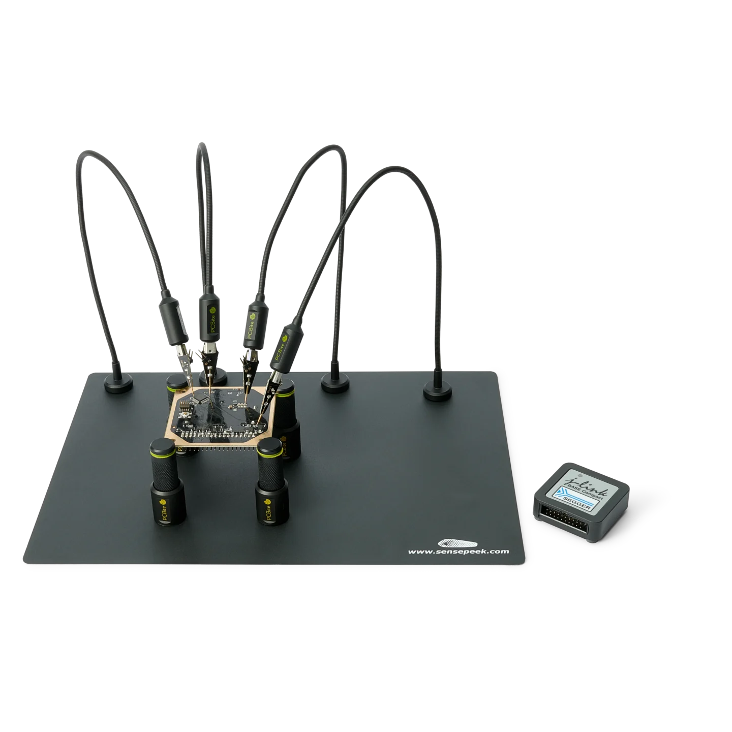 Complete handsfree test setup with SP10 probes and Segger Jlink ready for debugging (PCBITE-7028)