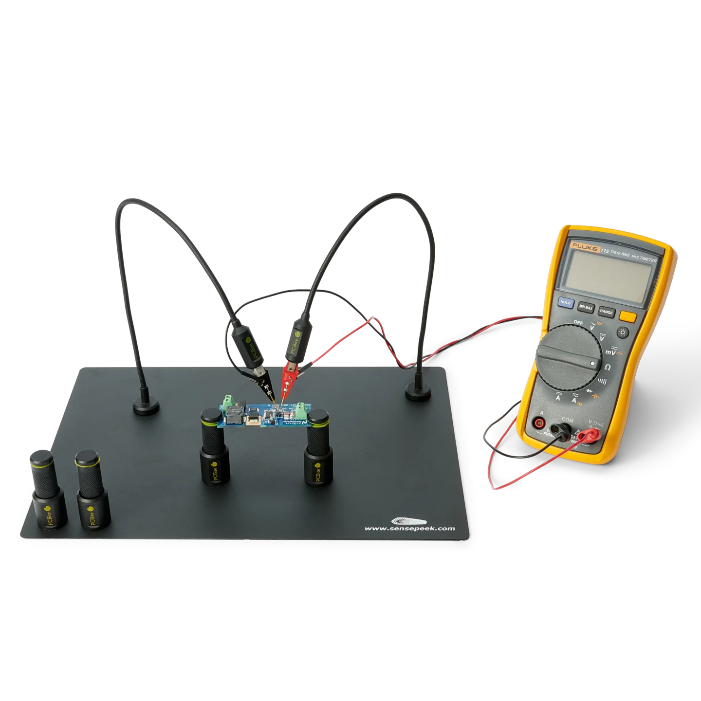 Complete handsfree test setup with SP10 probes connected directly to a Fluke multimeter ready for measuring (PCBITE-7028)