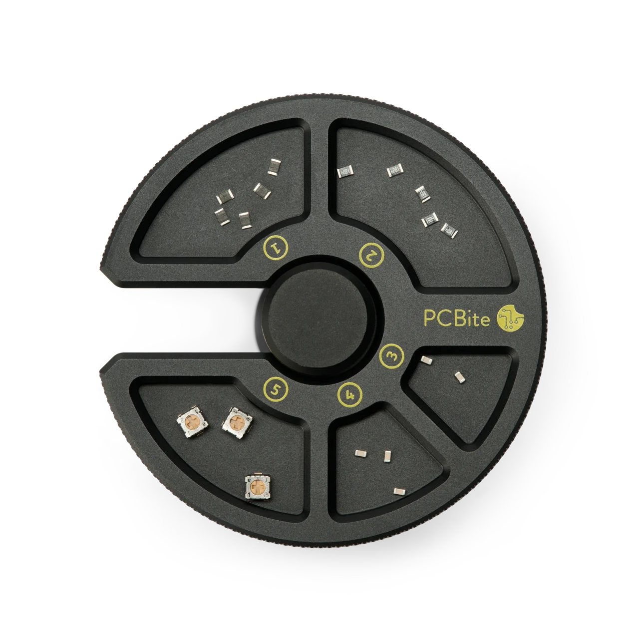 Component tray numbered compartments filled with different SMD components (PCBITE-7029)