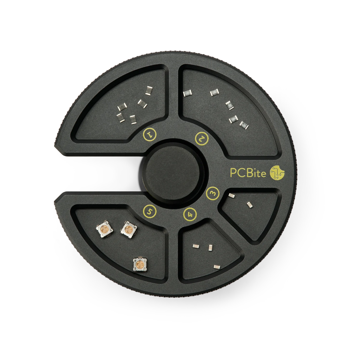 Component tray numbered compartments filled with different SMD components (PCBITE-7029)