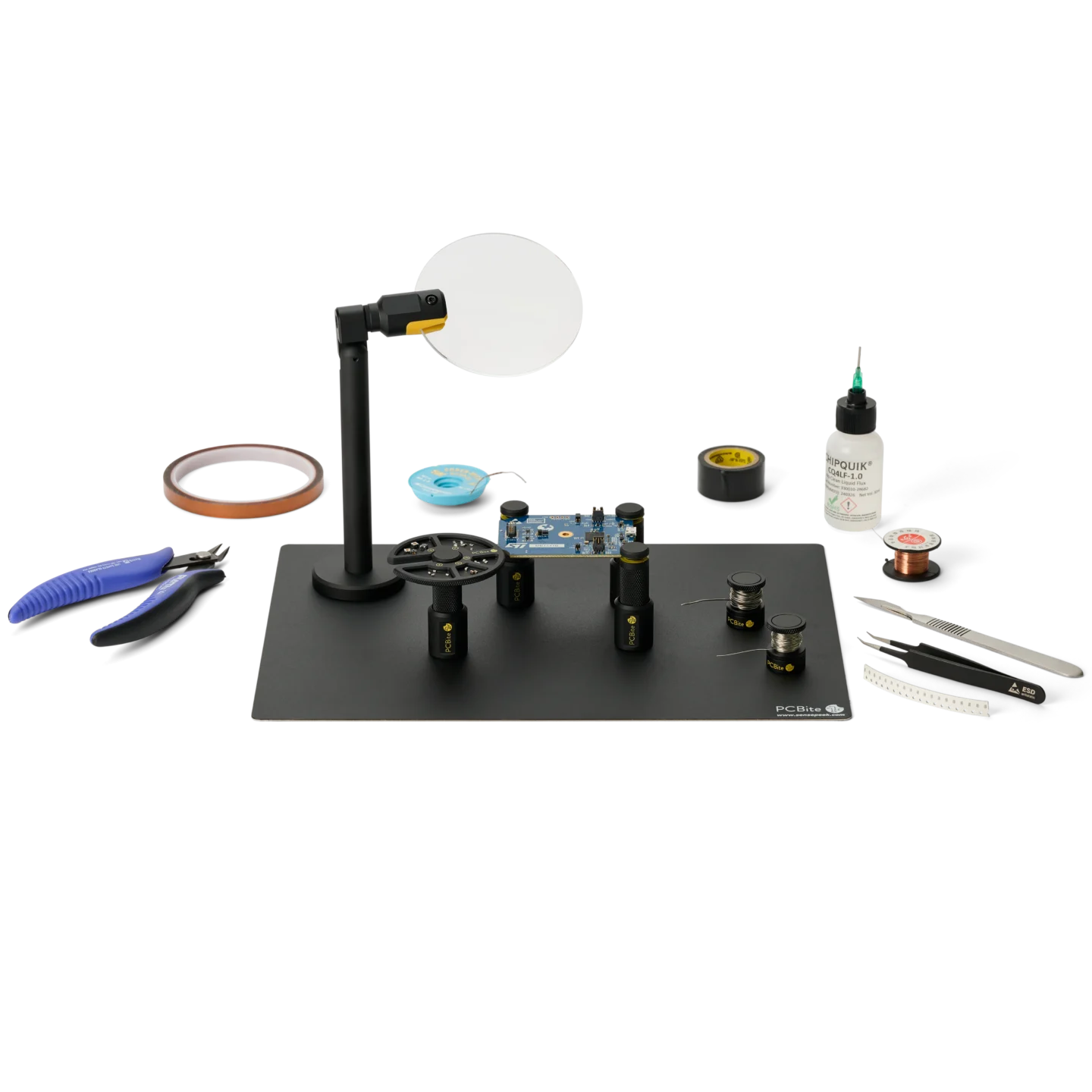 Complete soldering setup component tray, wire stands, magnifier, PCB holders all attaching to insulated baseplate (PCBITE-7030)