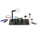 Complete soldering setup component tray, wire stands, magnifier, PCB holders all attaching to insulated baseplate (PCBITE-7030)