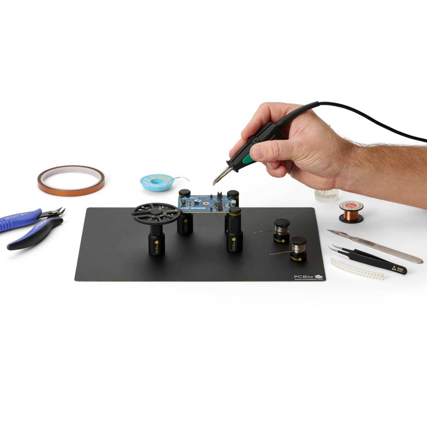 Hand soldering setup with component tray, wire stands and PCB holders on insulated baseplate (PCBITE-7030)