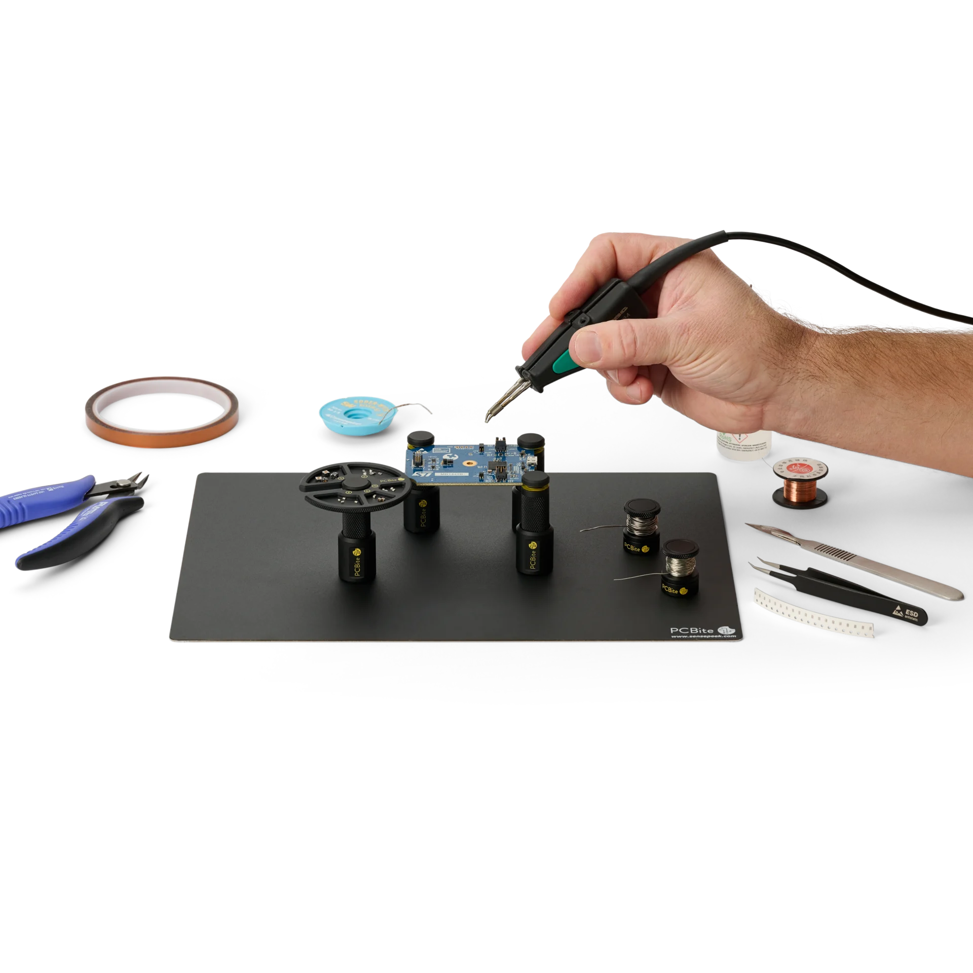 Hand soldering setup with component tray, wire stands and PCB holders on insulated baseplate (PCBITE-7030)