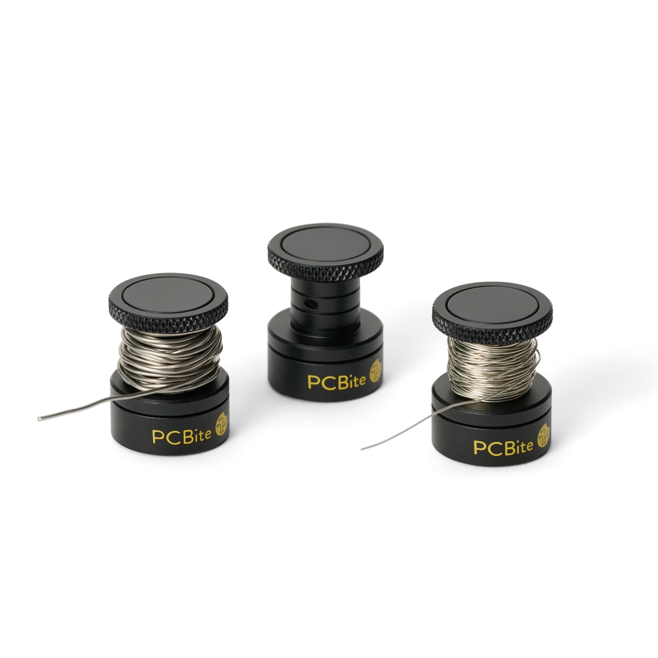Three wire stand showing two different size of solder and one empty spool (PCBITE-7030)