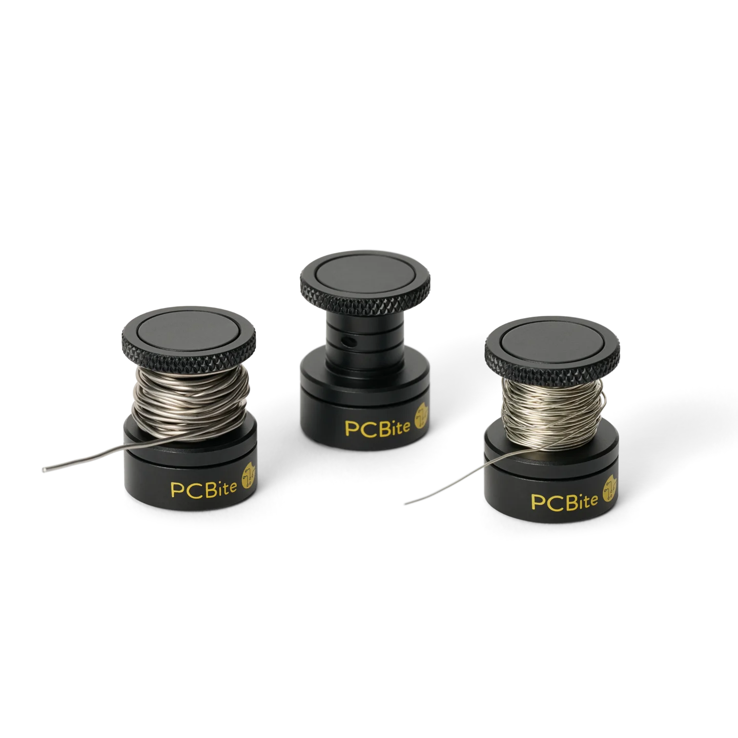 Three wire stand showing two different size of solder and one empty spool (PCBITE-7030)