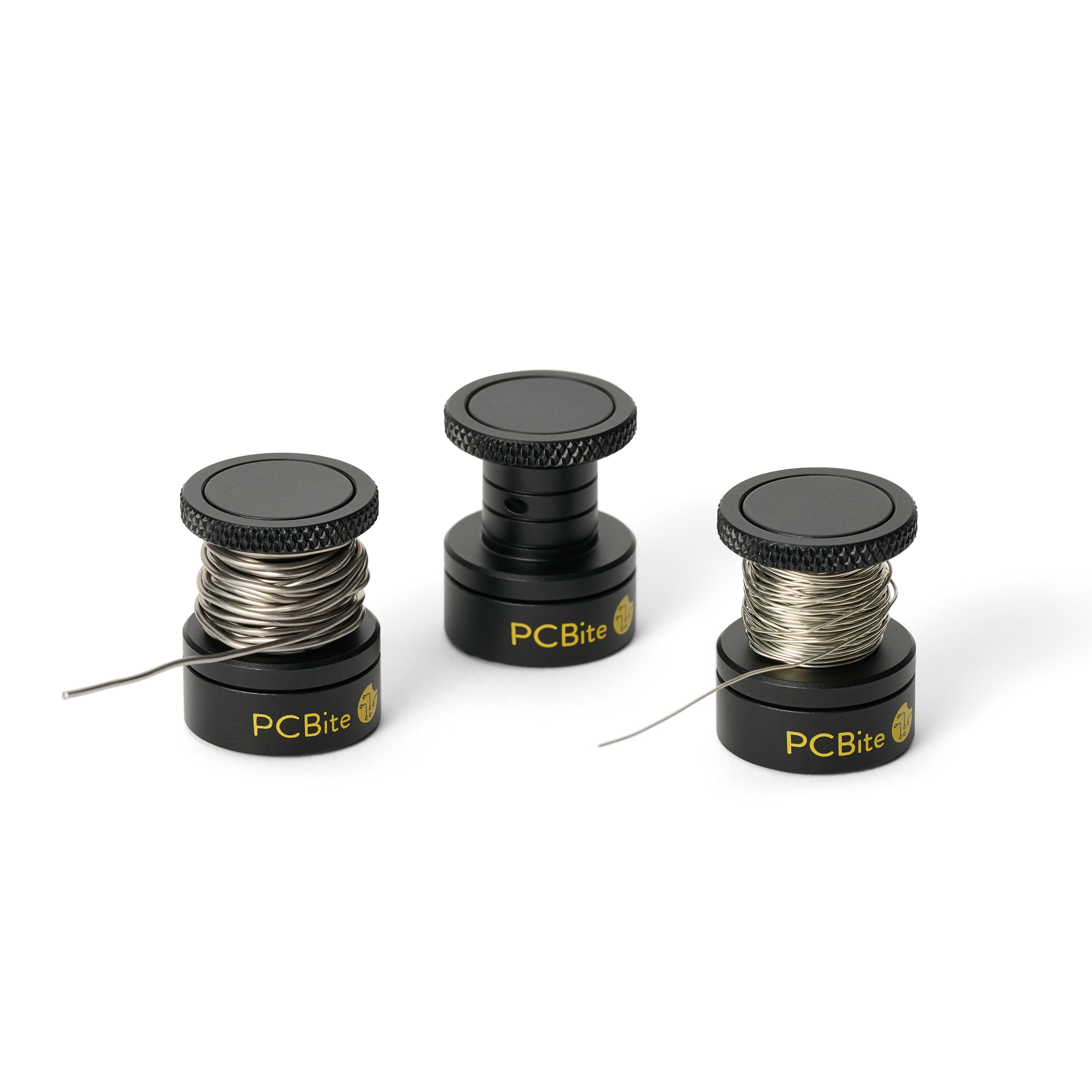 Three wire stand showing two different size of solder and one empty spool (PCBITE-7030)