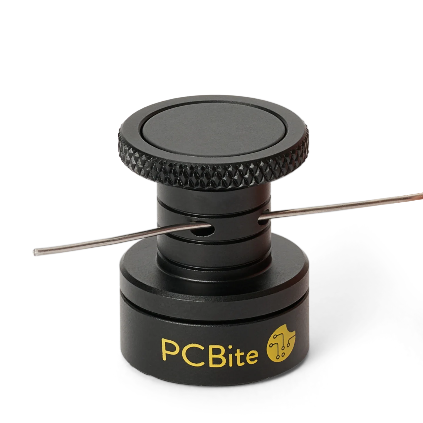 Solder threaded through lock hole of magnetic solder wire holder (PCBITE-7030)